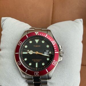 Timex Harbourside Coast- Red Bezel- Silver Watch with Black Accents
